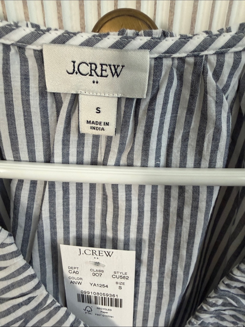 J. Crew Blue and White Striped Ruffle-Trim Blouse - Picture 2 of 7